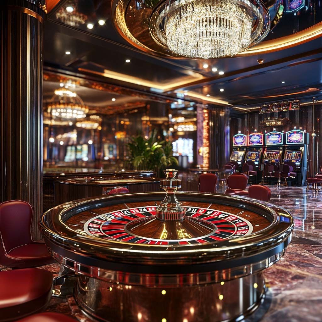 A vibrant casino gaming scene with slot machines and tables